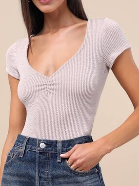 Lulus Required Style Beige Textured Ribbed Ruched Bodysuit - Size M